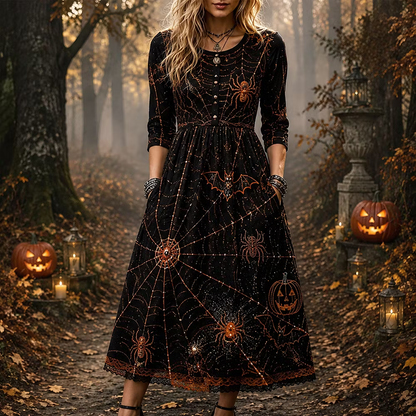 Women's Halloween Vintage Spiderweb, Bat & Pumpkin Print Long-sleeve Maxi Dress