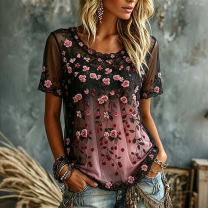 Women's Retro Floral Gradient Design Crew Neck Short Sleeve T-shirt