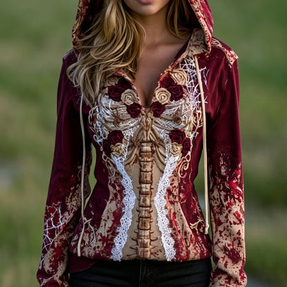 Women's Retro Halloween Human Bones And Floral Embroidery Hoodie