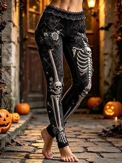Women's Halloween Floral And Skull Art Casual Retro Leggings