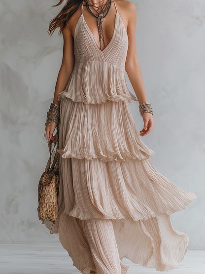 Bohemian Style Strappy Pleated Maxi Dress