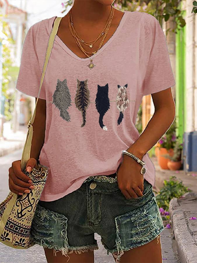 Women's Cat Back Print V-Neck T-Shirt