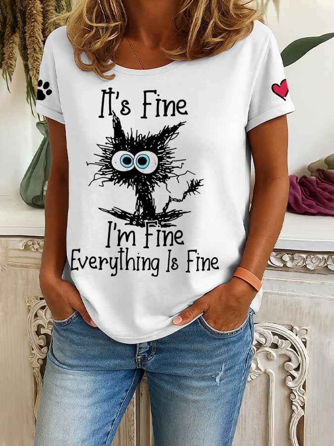 Women's Retro It'S Fine I'M Fine Everything Is Fine Cat Print T-Shirt