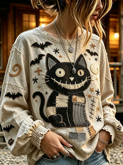 Women's Halloween Long-sleeved Top, Decorated With Spooky Black Cat, Bat And Star Patterns.