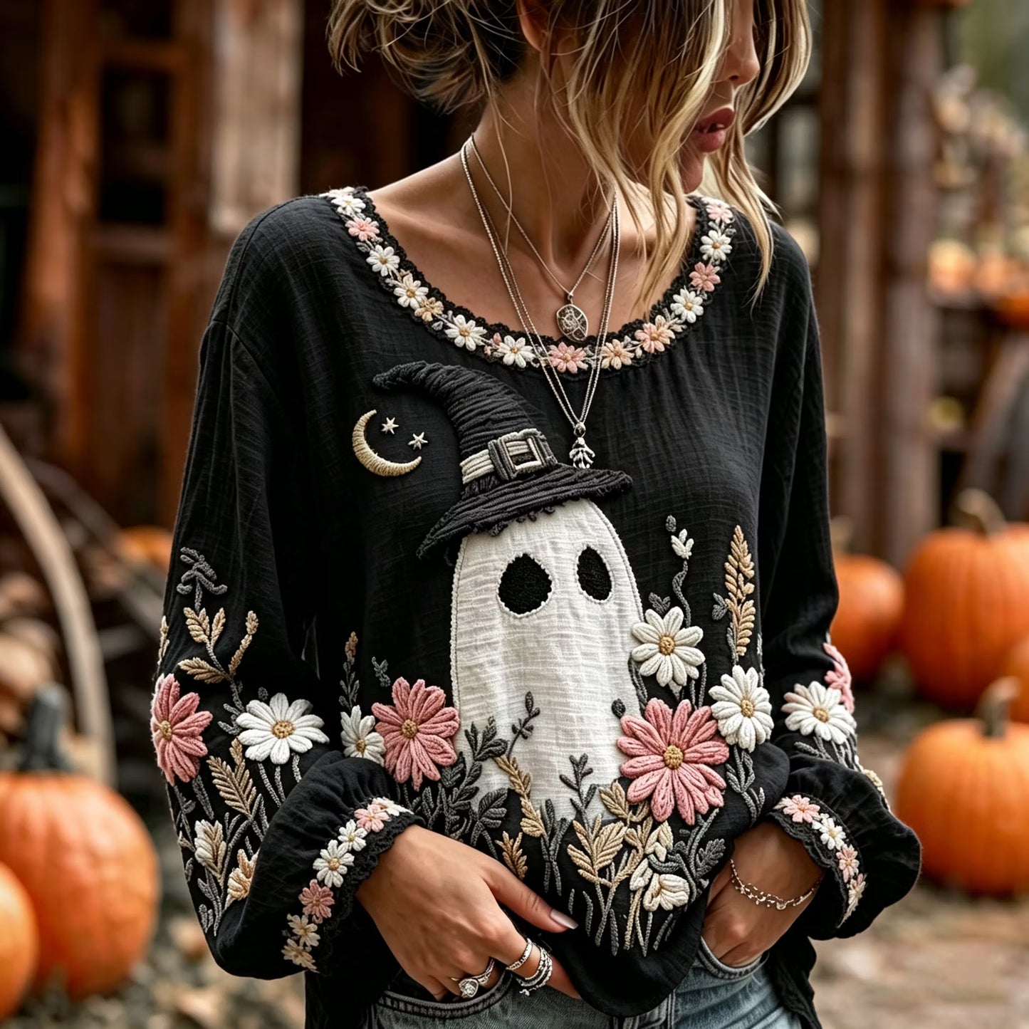Women's Halloween Ghost With Floral Art Embroidered Linen Blend Round Neck Long Sleeve Tops
