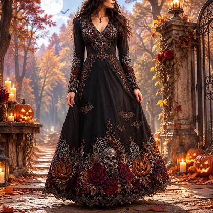 Women's Vintage Gothic Skull, Bats & Rose Print Long-sleeve Maxi Dress