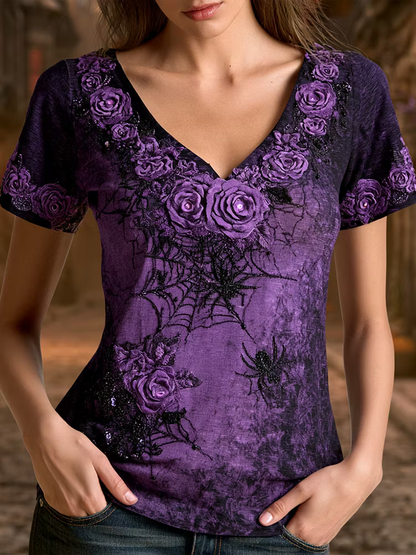 Women's Gothic V-neck Short-sleeved T-shirt, In Deep Purple With Rose And Spider Web Patterns