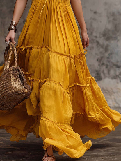 Relaxed Flutter Sleeves Layered Ruffle Hem Cotton Linen Maxi Dress