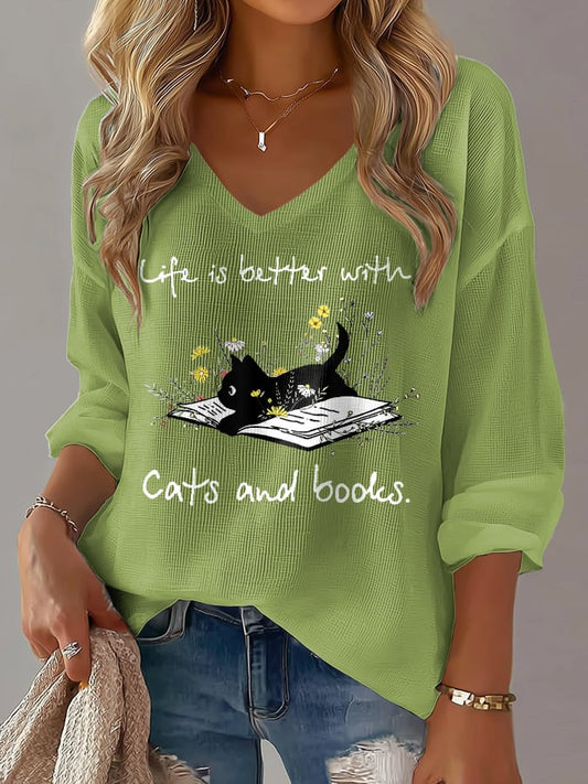 Women's 'life Is Better With Cats And Books' Cat Print Waffle Long-Sleeved T-Shirt