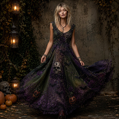 Women's Halloween Spooky Gothic Skull, Spiderweb & Rose Maxi Dress