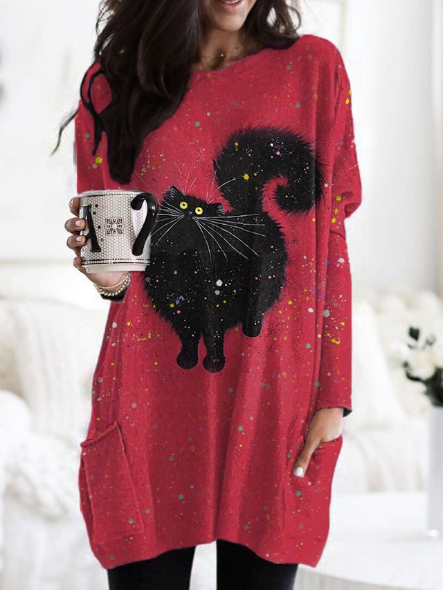 Women's cute black cat print sweatshirt