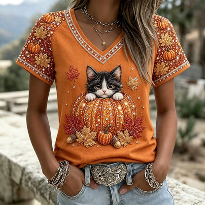 Women's Autumn Pumpkin Cat Art Print V-neck Short Sleeve Casual T-shirt