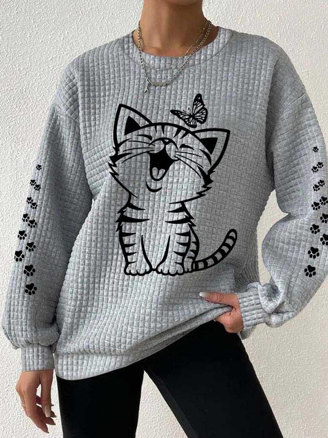Women's Cute Cat Print Cat Lovers Casual Waffle Sweatshirt