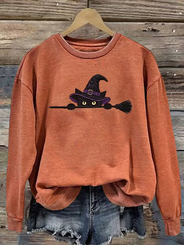 Women's Funny Magic Wizard Black Cat Pattern Casual Halloween Sweatshirt