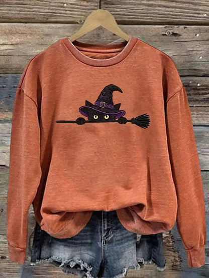 Women's Funny Magic Wizard Black Cat Pattern Casual Halloween Sweatshirt