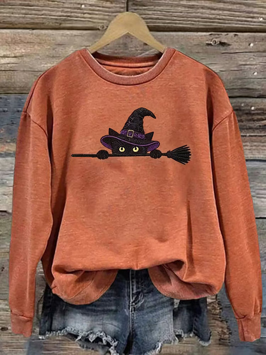 Women's Funny Magic Wizard Black Cat Pattern Casual Halloween Sweatshirt