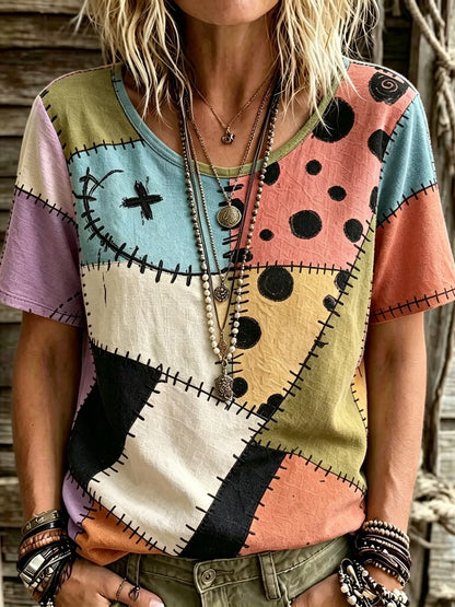 Women's Retro Halloween Geometric Pattern Crew Neck T-shirt