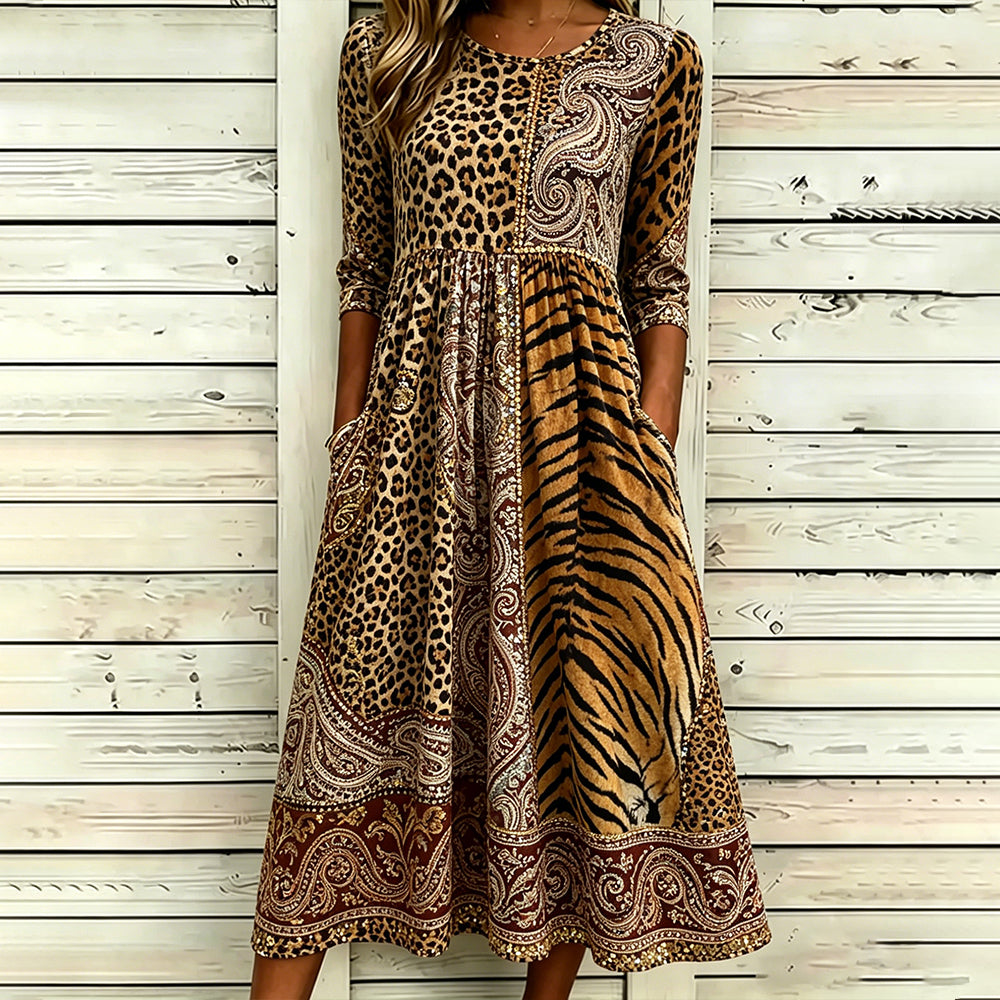 Women's Leopard And Animal Print Paisley Pattern Splicing Linen Blend Casual Mid-sleeve Dress