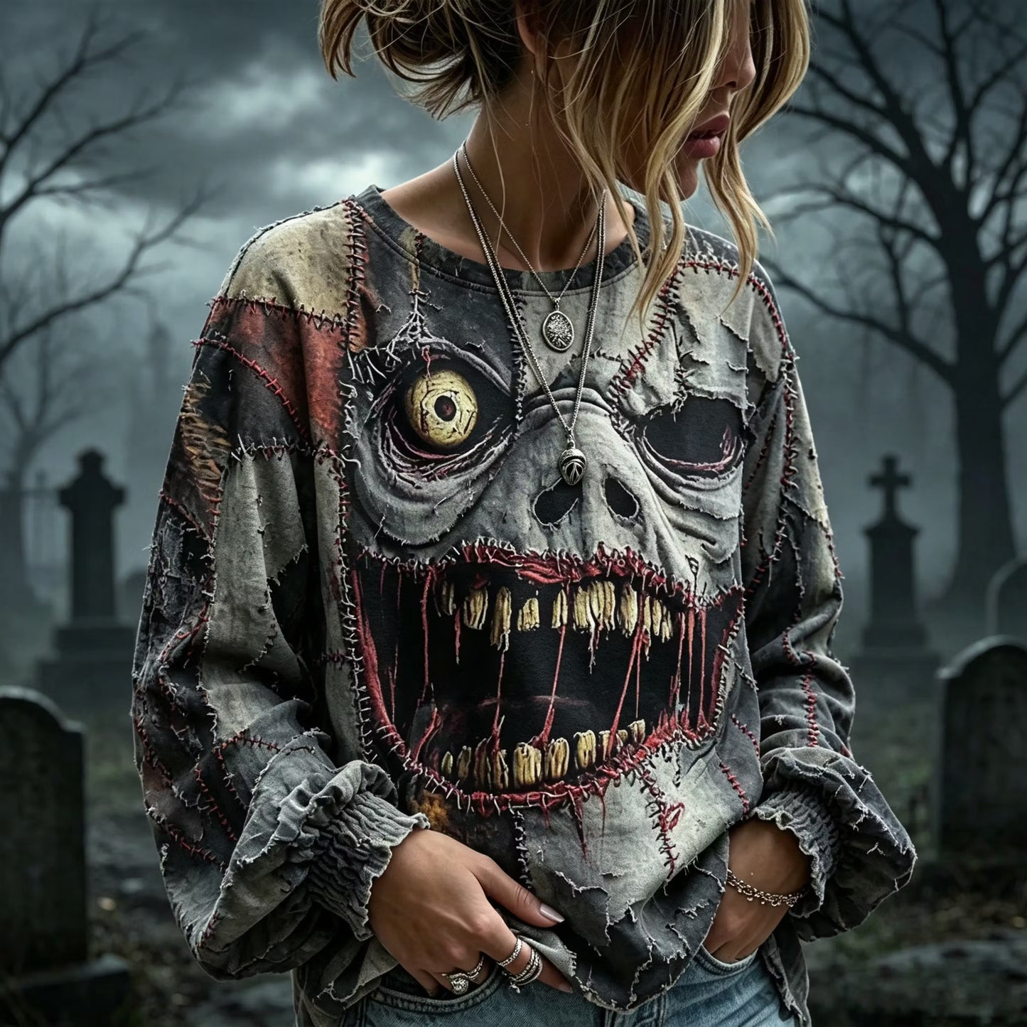 Women's Patchwork Gothic Halloween Emoji Print Long-sleeved Round Neck Cotton Linen T-shirt