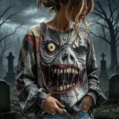 Women's Patchwork Gothic Halloween Emoji Print Long-sleeved Round Neck Cotton Linen T-shirt