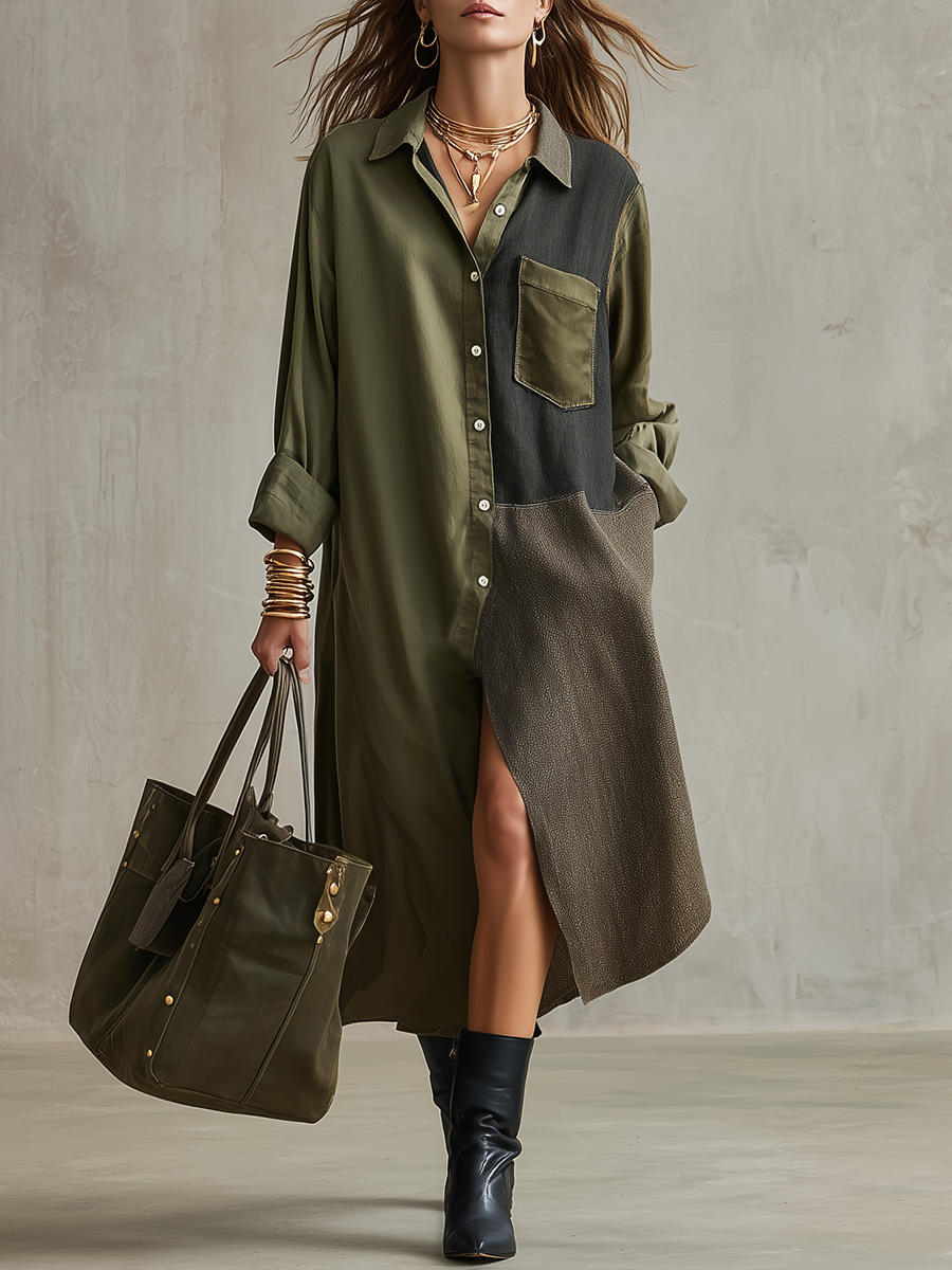 Refined Olive Color-Block Shirt Midi Dress