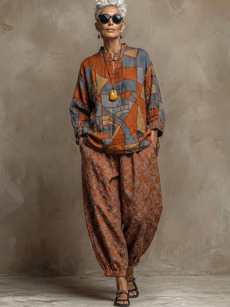 Bohemian Art-print Linen And Cotton Two-piece Top And Pants Set