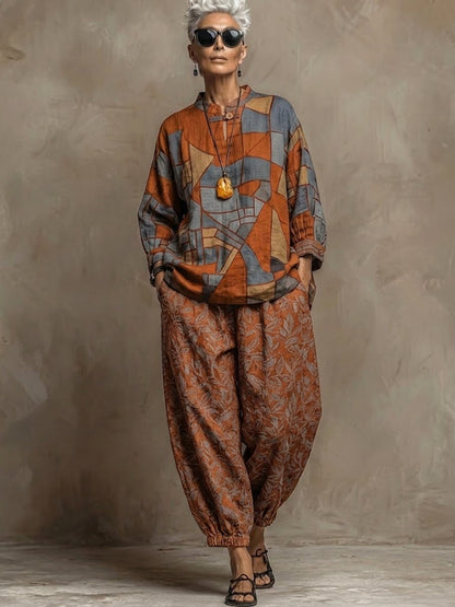 Bohemian Art-print Linen And Cotton Two-piece Top And Pants Set
