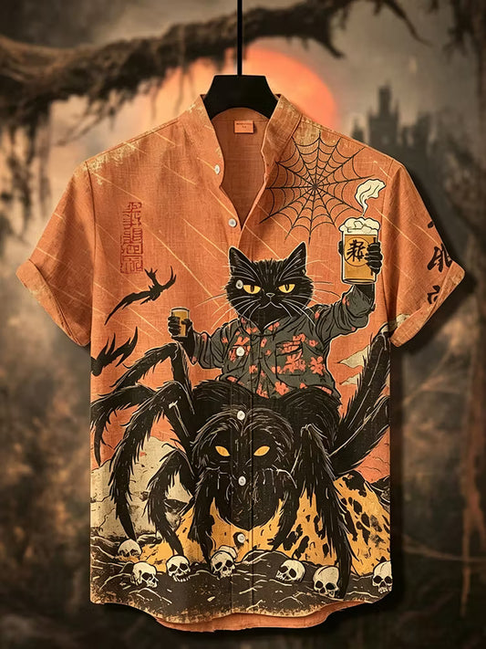 Men's Halloween Vintage Black Cat Holding Beer Riding Spider Skeleton Dark Art Short Sleeve Shirt