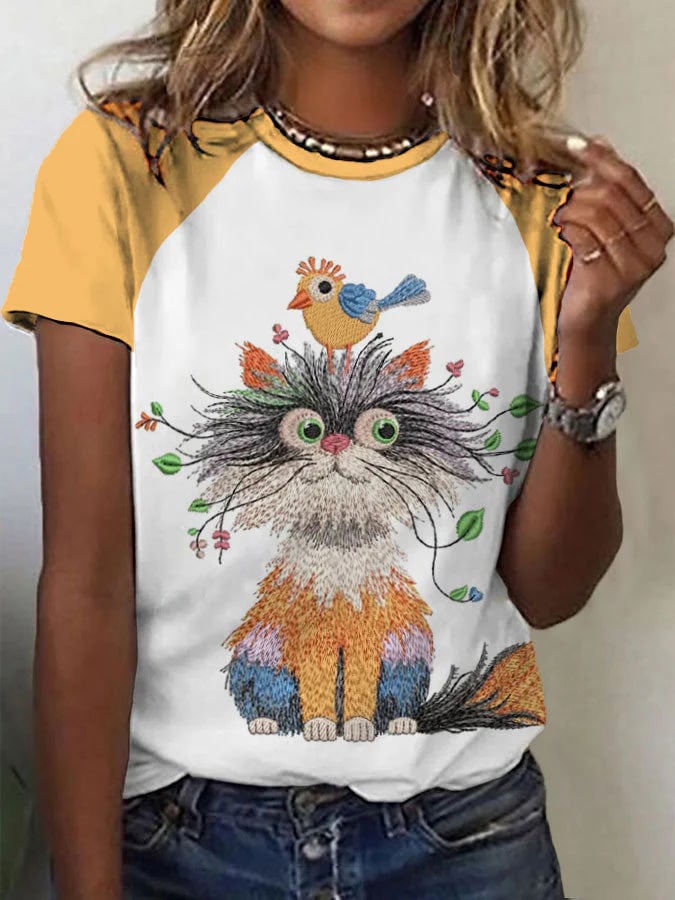 Women's Animal Cute Cat Graphic Print Raglan Comfortable T-shirt