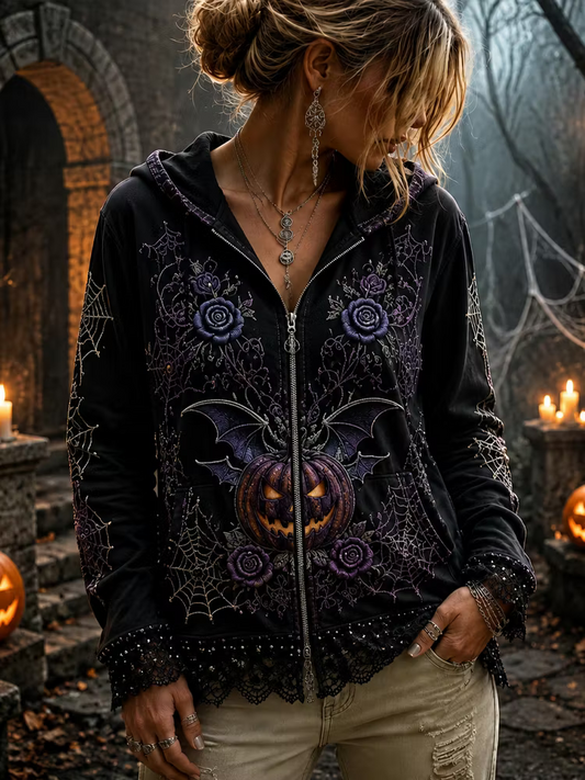 Women's Halloween Gothic Black Pumpkin, Spiderweb & Rose Zip Hoodie