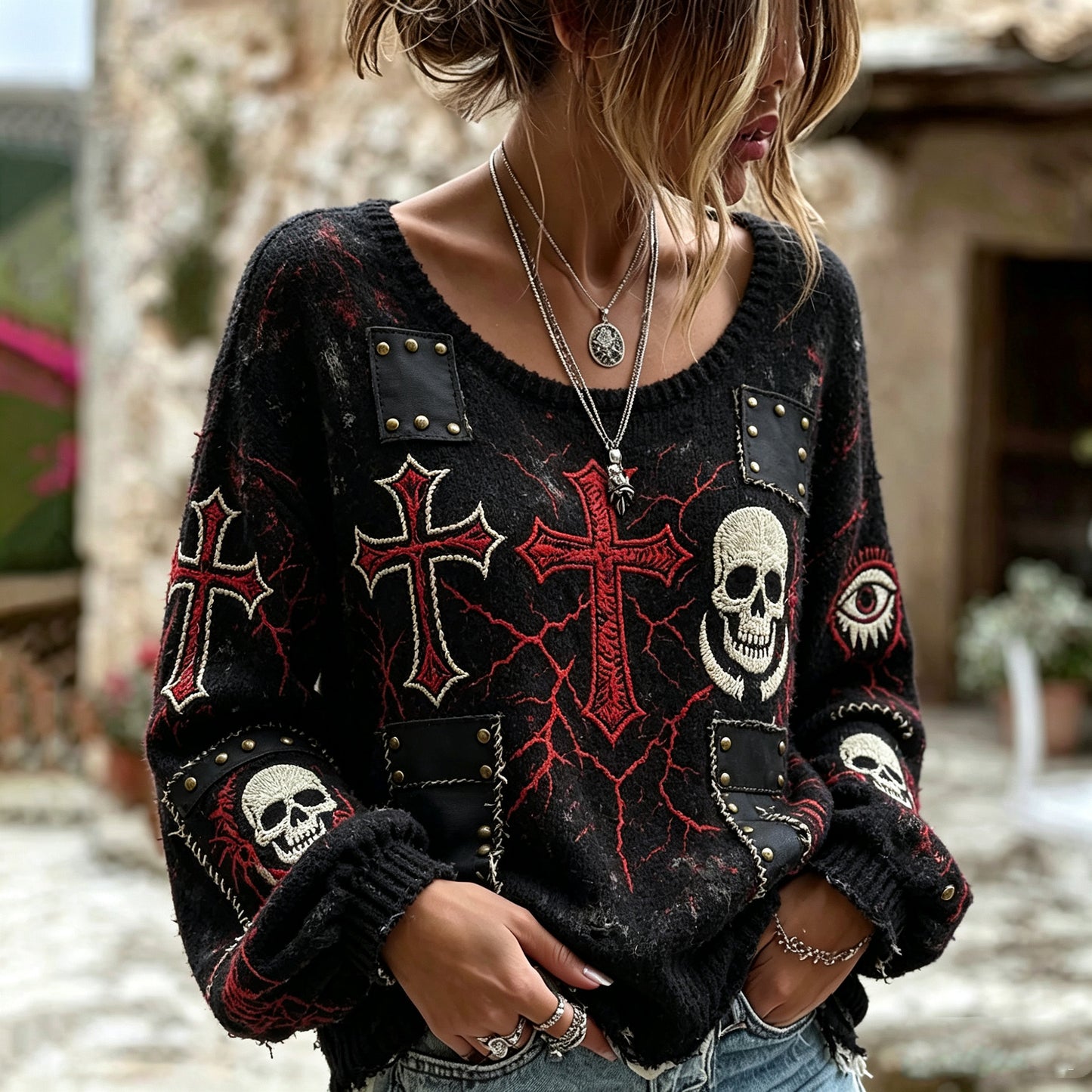 Women's Dark Gothic Vintage Cracked Texture Cross Skull All Seeing Eye Embroidery Pullover