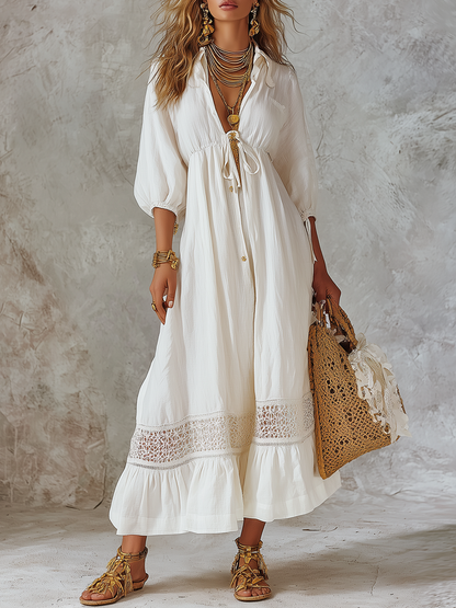 Bohemian Lace Trimmed Button Front Long Dress