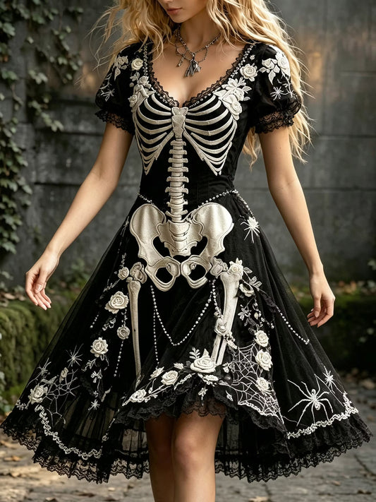 Women's  Retro Gothic Spider Skull Floral Pattern Midi Halloween Dress