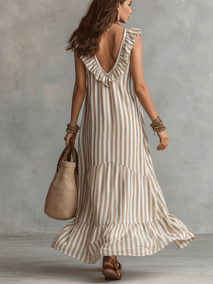 Relaxed Bohemian Ruffle-Trim Striped Maxi Dress