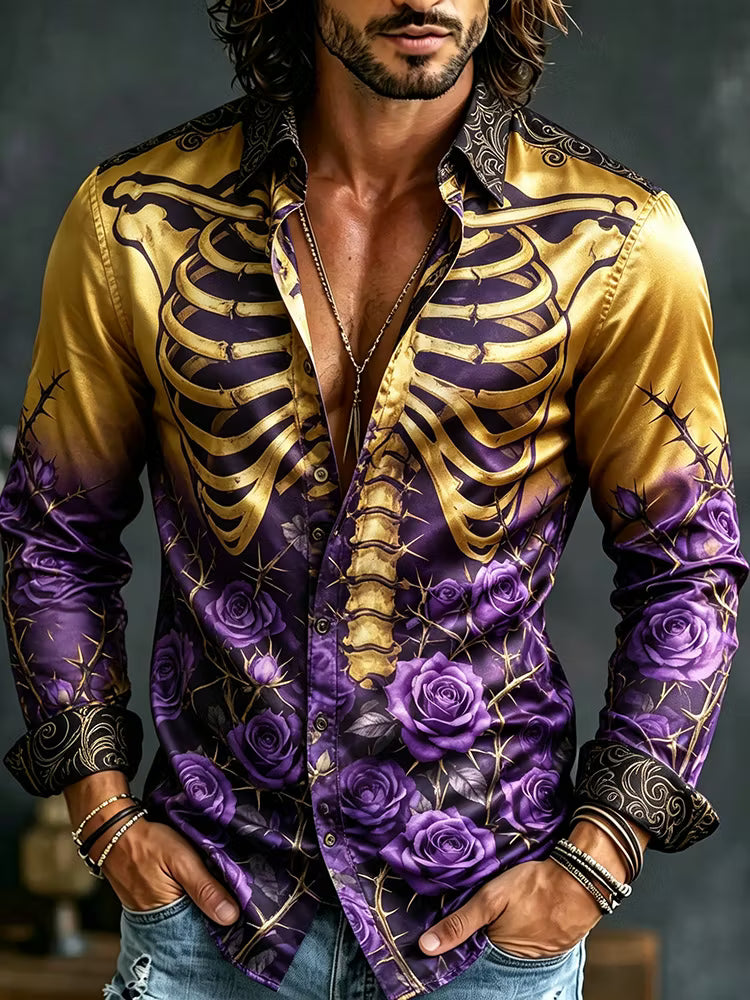 Men's Retro Halloween Skull And Rose Print Long-sleeve Shirt