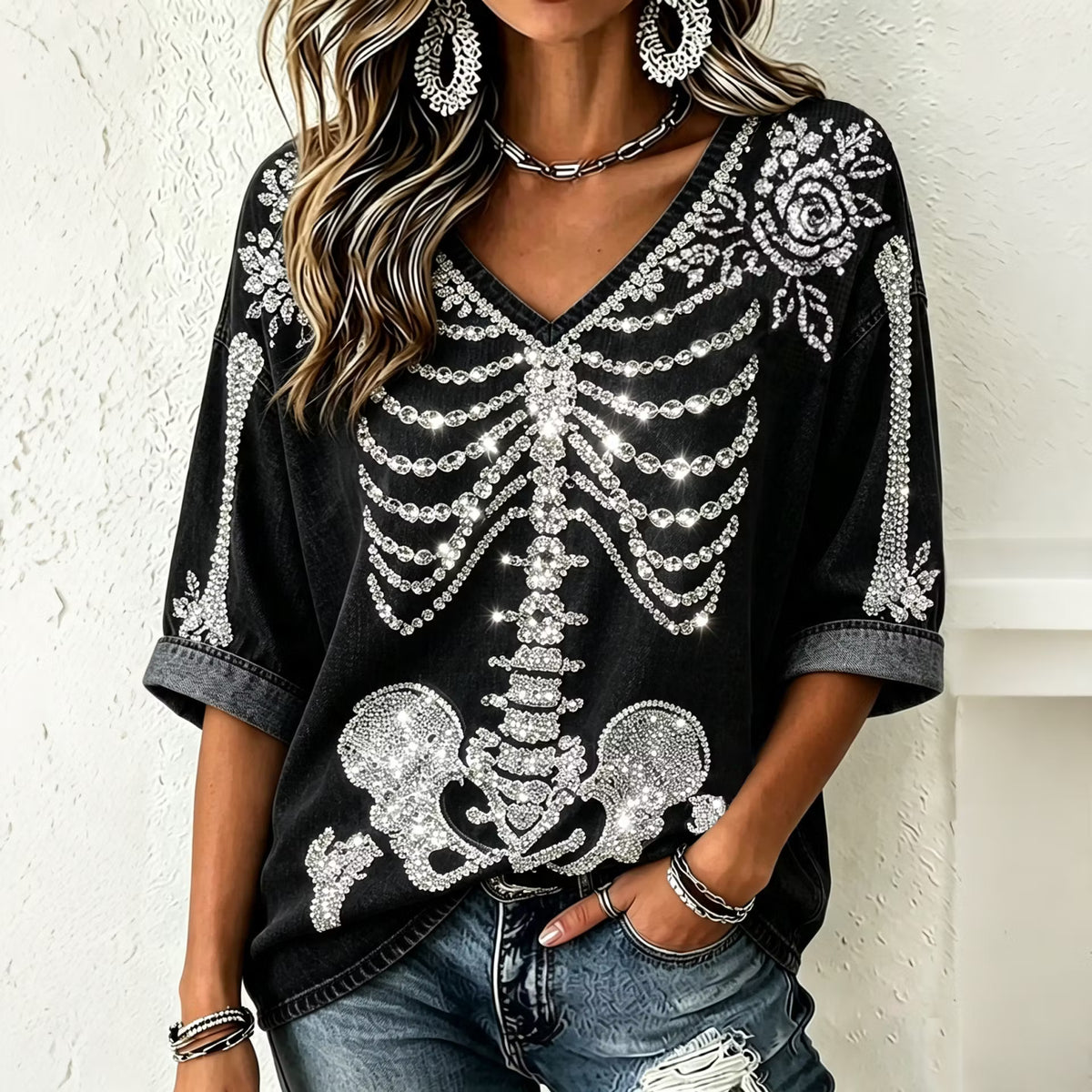 Women's Gothic Skull Rhinestone Art V Neck Three-quarter Sleeve Washed T-shirt