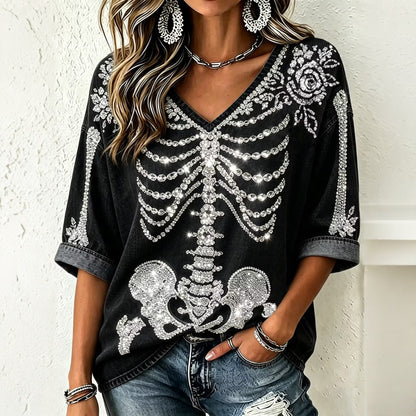Women's Gothic Skull Rhinestone Art V Neck Three-quarter Sleeve Washed T-shirt