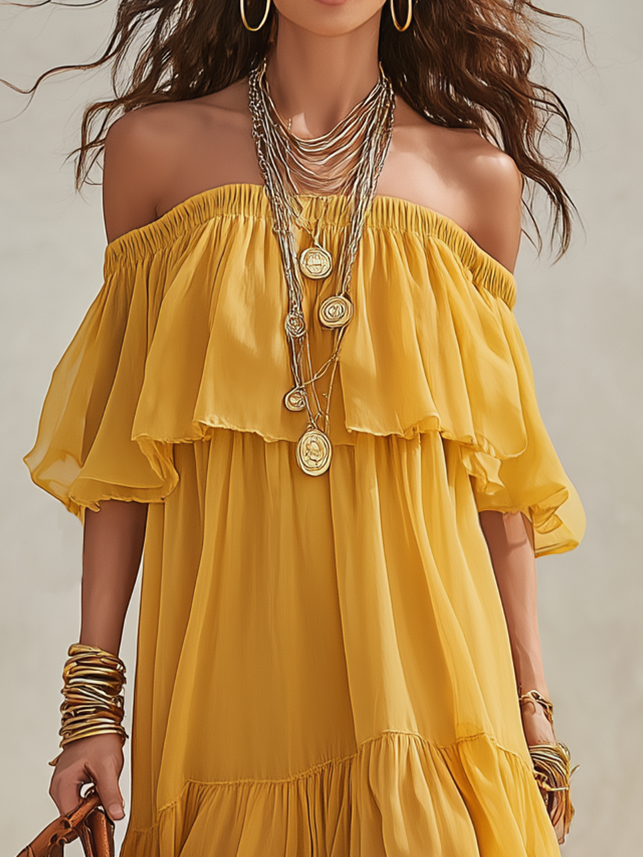 Vibrant Sunflower Yellow Off-the-Shoulder Tiered Chiffon Maxi Dress