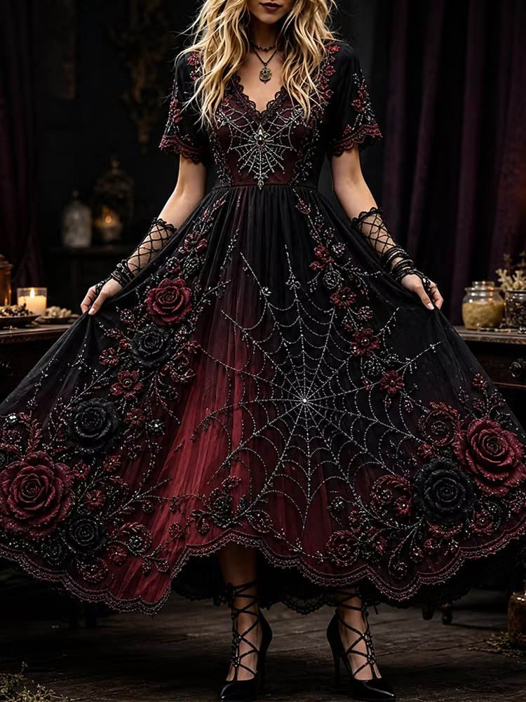 Women's Gothic V-neck Dress, Adorned With Red/black Roses And Spiderweb Patterns.