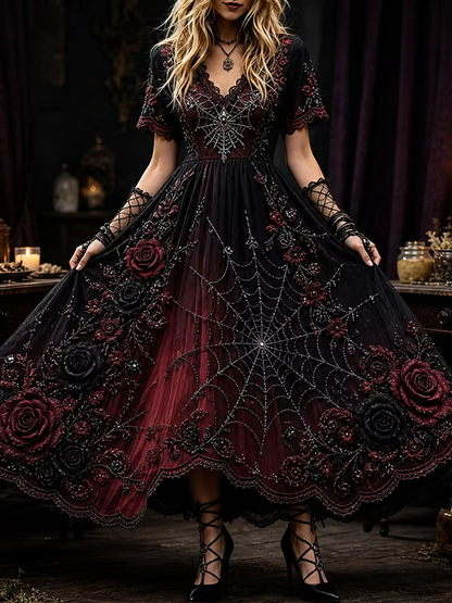 Women's Gothic V-neck Dress, Adorned With Red/black Roses And Spiderweb Patterns.