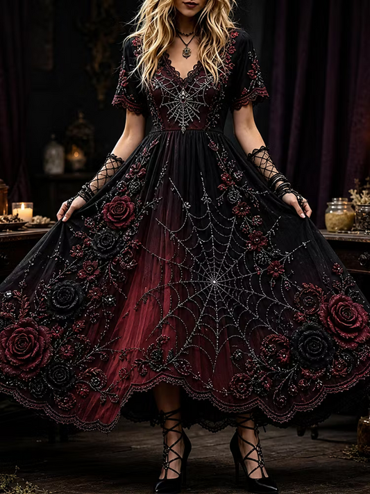 Women's Gothic V-neck Dress, Adorned With Red/black Roses And Spiderweb Patterns.