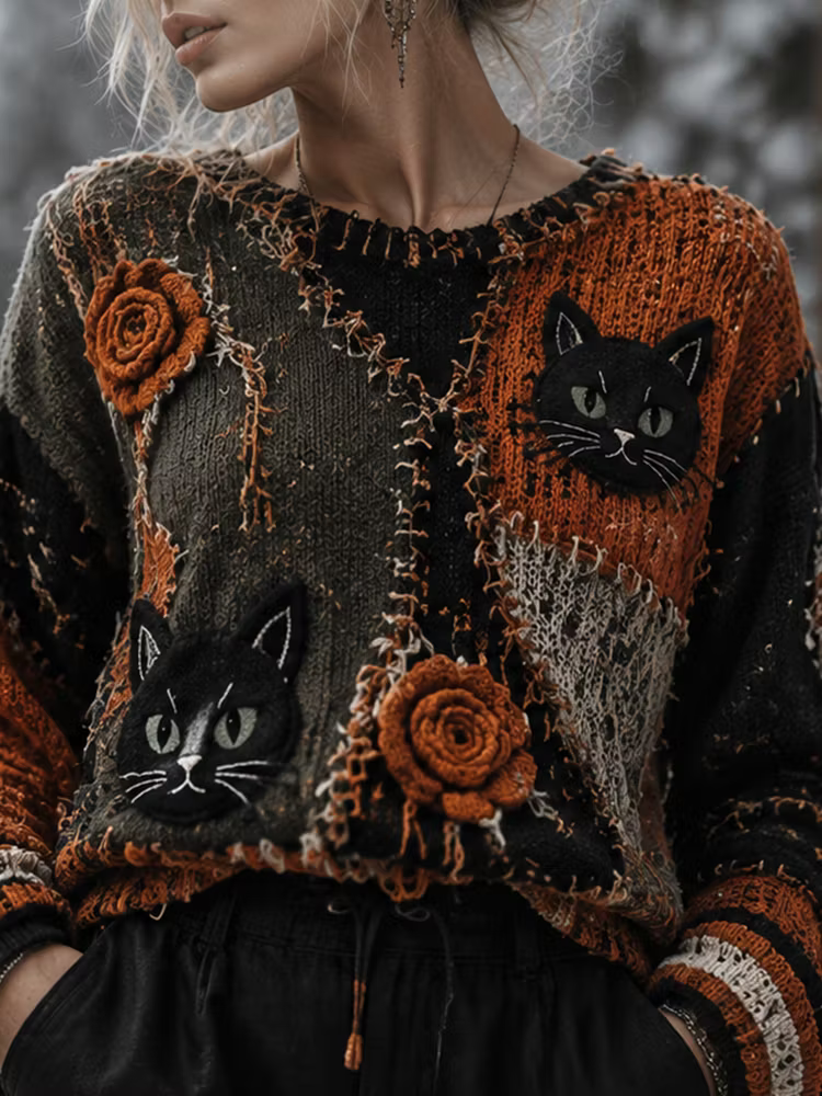 Women's Vintage Patchwork Knit Sweater, Adorned With Black Cat And Rose Patterns.