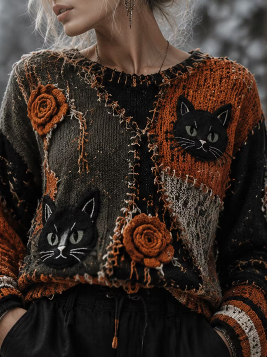 Women's Vintage Patchwork Knit Sweater, Adorned With Black Cat And Rose Patterns.