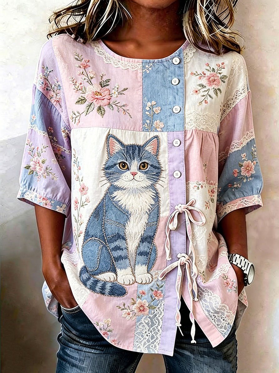 Women's Denim Cat Portrait Patchwork Art Print Casual Top