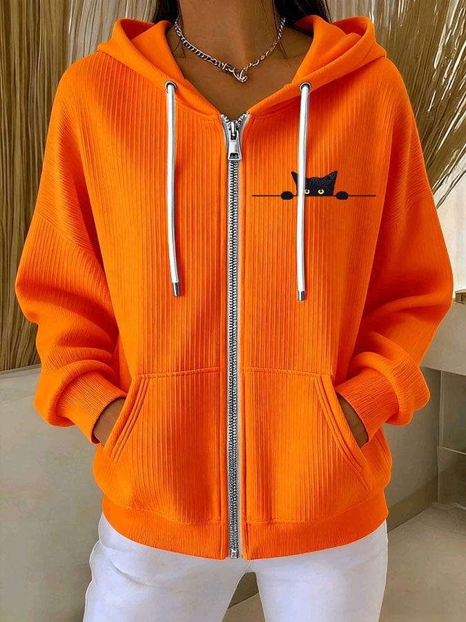 Women's Casual Cat Print Textured Sweatshirt Jacket