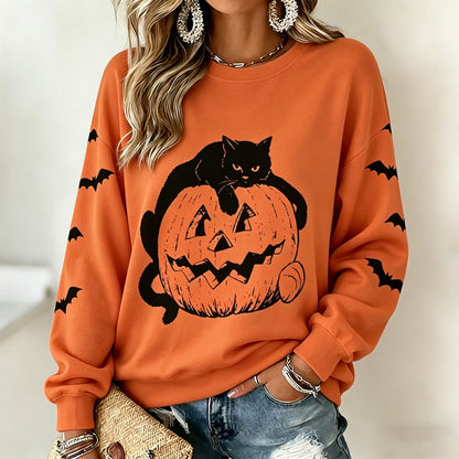 Women's Retro Halloween Cat Print Casual Sweatshirt