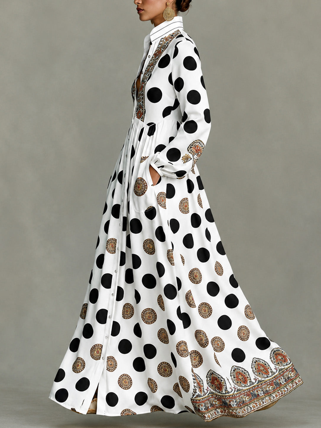 Classic Totem & Polka Dot Color-block Dress With Lapel, Cinched Waist, And Flared Skirt