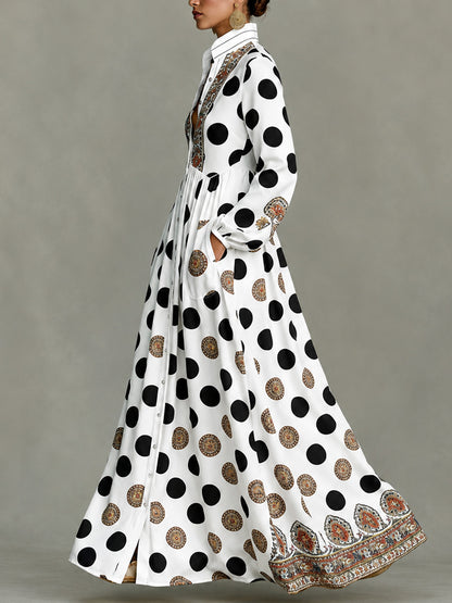 Classic Totem & Polka Dot Color-block Dress With Lapel, Cinched Waist, And Flared Skirt