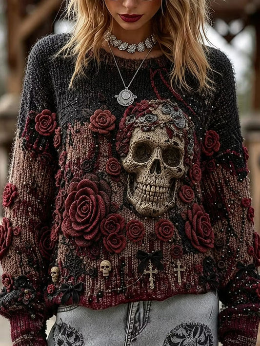 Women's Retro Bohemian Halloween Style Skull And Rose Print Sweater