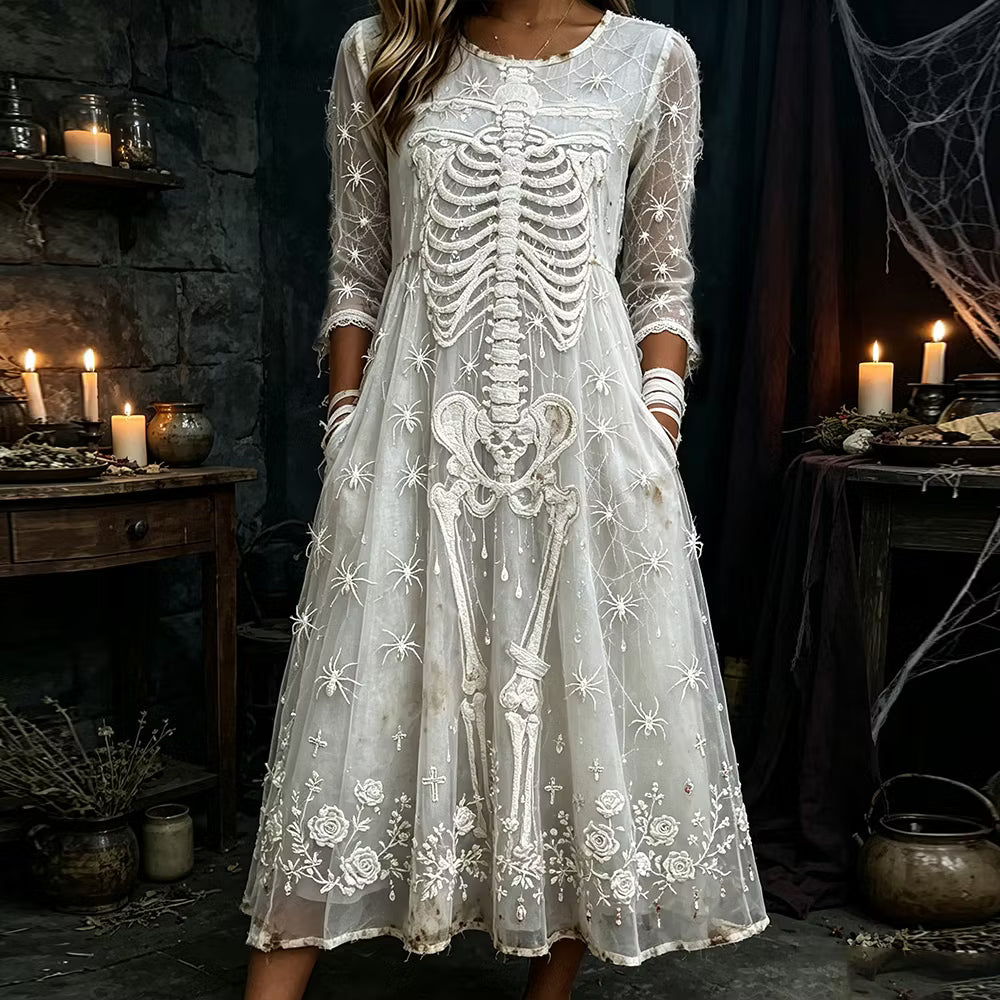 Women's Vintage Lace And Spider Art White Casual Crew Neck Long Sleeve Dress